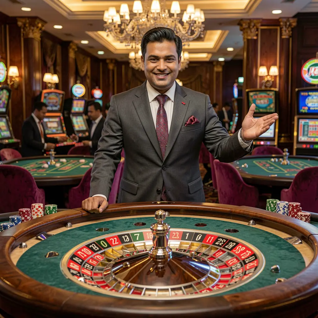 Elegant live casino dealer at a roulette table inside a glamorous casino studio with bright lights and a luxury atmosphere representing the premium live gaming experience at 995BDT for players in Bangladesh